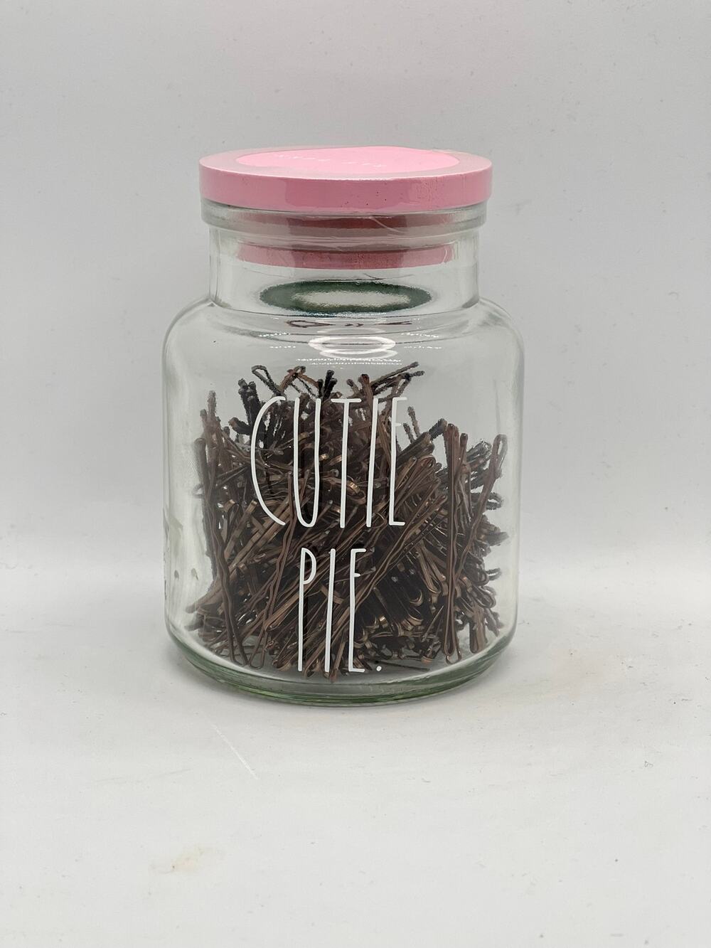 Rae Dunn CUTIE PIE Glass Jar with hair pins, NWT!